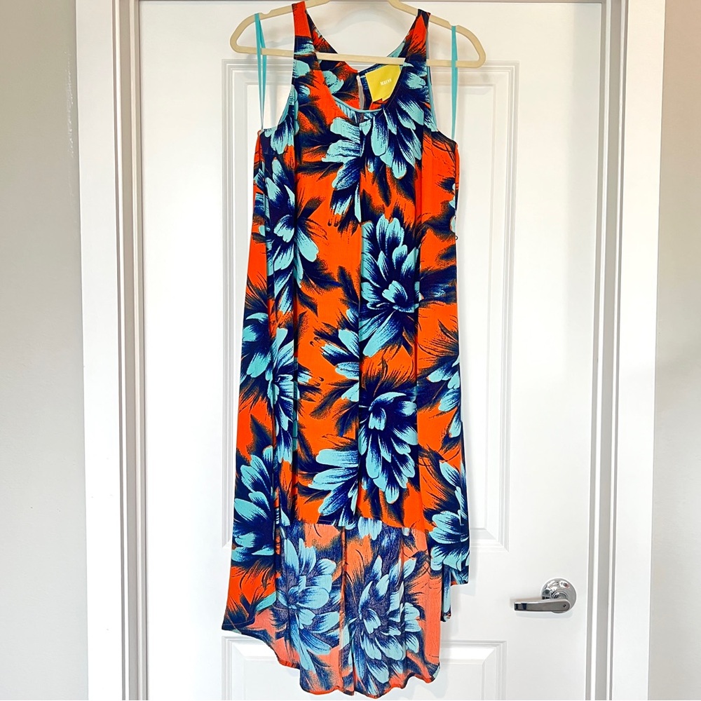 Maeve Anthropologie Dress Women Size 6 Orange Blue Sunset Hibiscus Floral Hi-Low